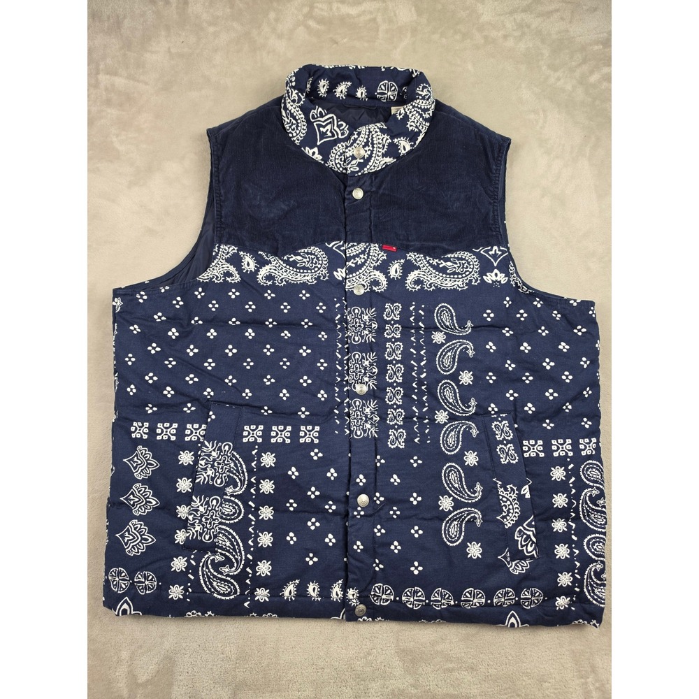 Levi's Down Western Super Puffer Vest Mens XL Blue Paisley Corduroy Trim Snap